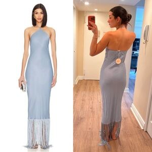 Camila Coelho Payton Halter Neck Fringe Maxi Dress Dusty Blue NEW with tags